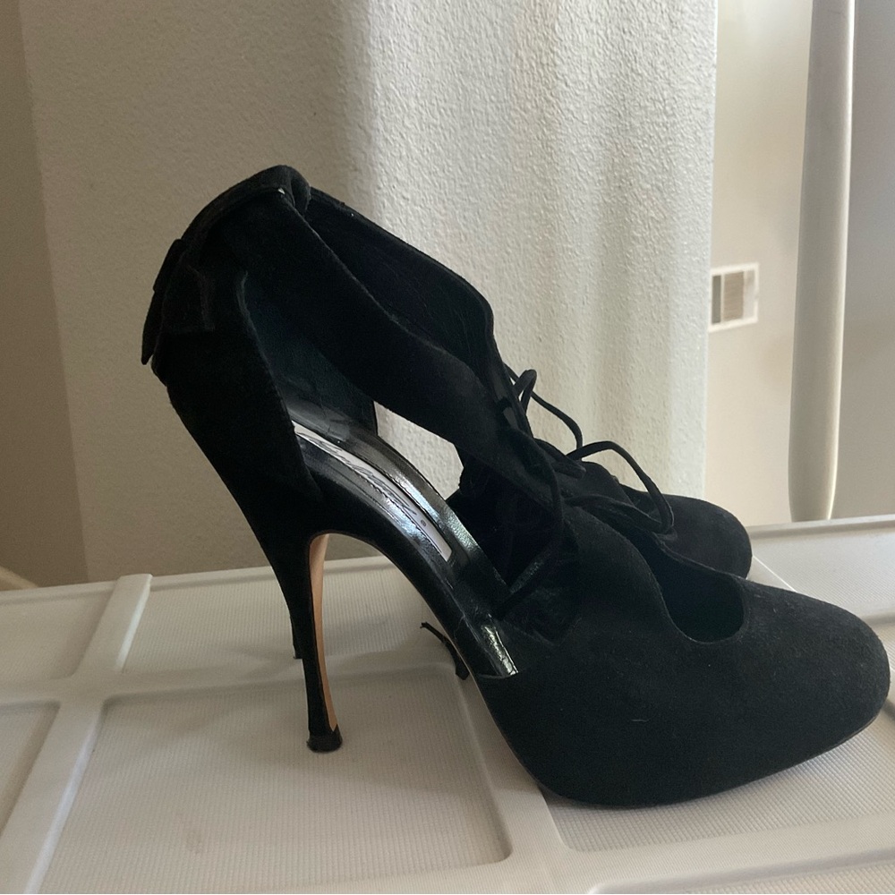 Brian Atwood, black suede lace up pumps size 37 1/2